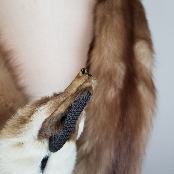 Vintage 1930's Full Mink Fur 3 Pelt Stole Scarf with Heads, Tails & Feet - Picture 9 of 12
